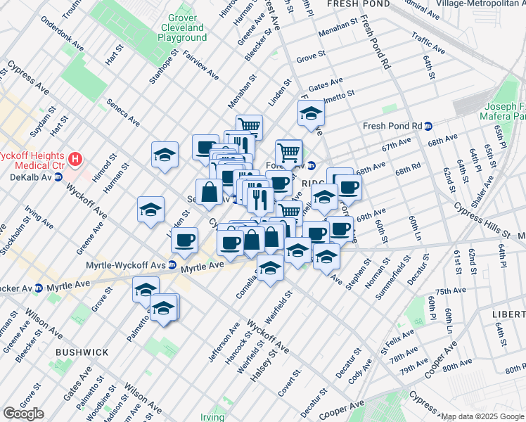 map of restaurants, bars, coffee shops, grocery stores, and more near 18-14 Woodbine Street in Queens