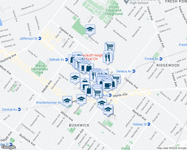 map of restaurants, bars, coffee shops, grocery stores, and more near 399 Bleecker Street in Brooklyn