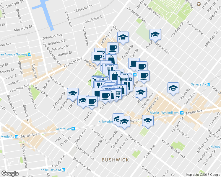 map of restaurants, bars, coffee shops, grocery stores, and more near 1535 Dekalb Avenue in Brooklyn