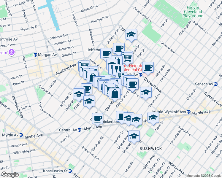 map of restaurants, bars, coffee shops, grocery stores, and more near 288 Suydam Street in Brooklyn