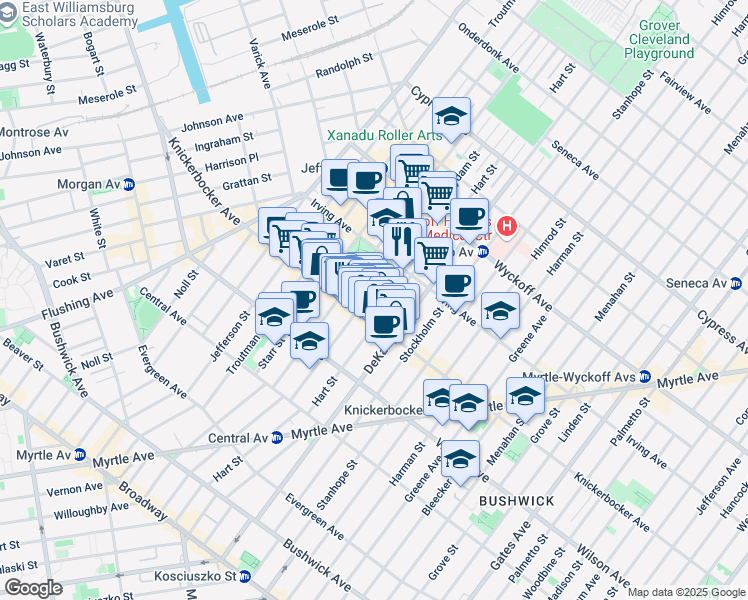 map of restaurants, bars, coffee shops, grocery stores, and more near 288 Suydam Street in Brooklyn