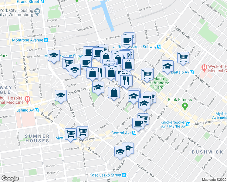 map of restaurants, bars, coffee shops, grocery stores, and more near 85 George Street in Brooklyn