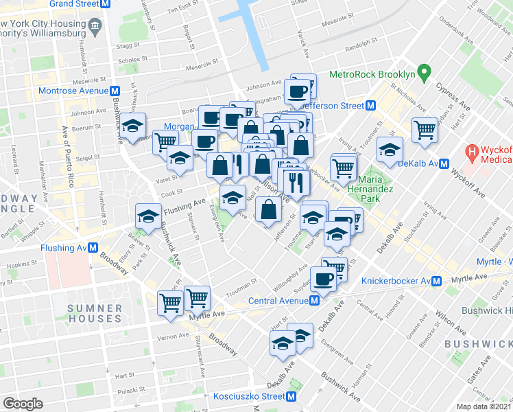 map of restaurants, bars, coffee shops, grocery stores, and more near 85 George Street in Brooklyn