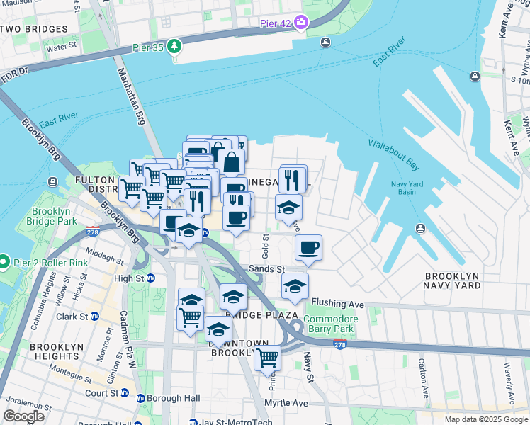 map of restaurants, bars, coffee shops, grocery stores, and more near 251 Front Street in Brooklyn