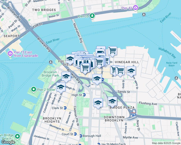 map of restaurants, bars, coffee shops, grocery stores, and more near 28 Adams Street in Brooklyn
