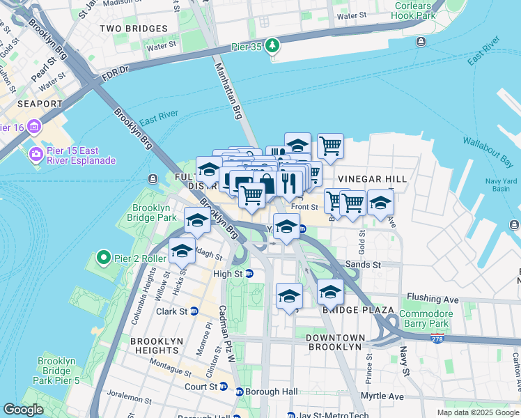 map of restaurants, bars, coffee shops, grocery stores, and more near 84 Front Street in Brooklyn