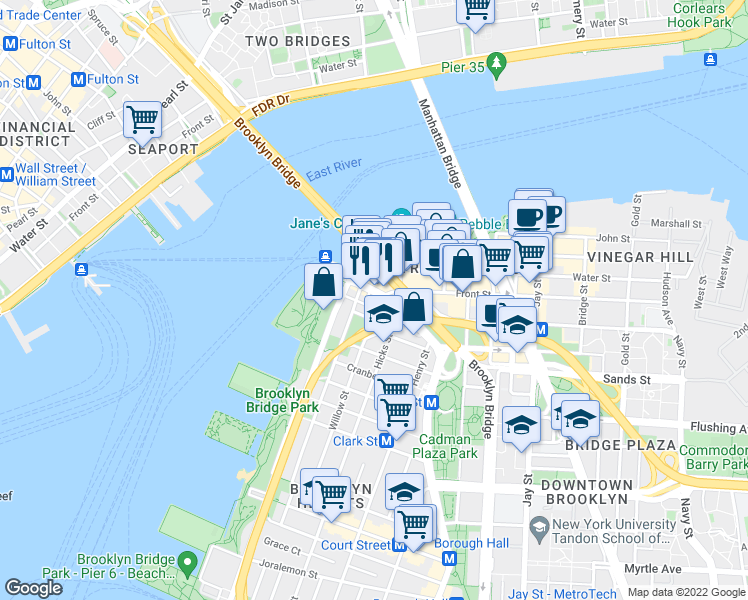 map of restaurants, bars, coffee shops, grocery stores, and more near 10 Old Fulton Street in Brooklyn
