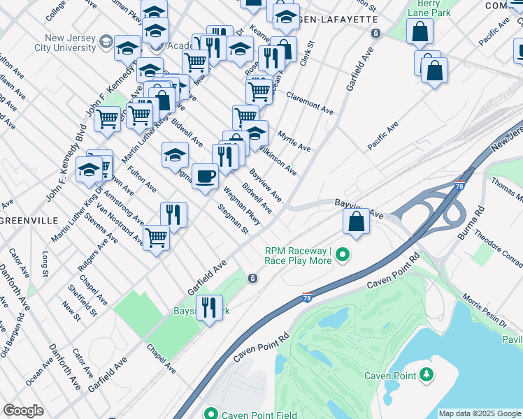 map of restaurants, bars, coffee shops, grocery stores, and more near 14 Bidwell Avenue in Jersey City