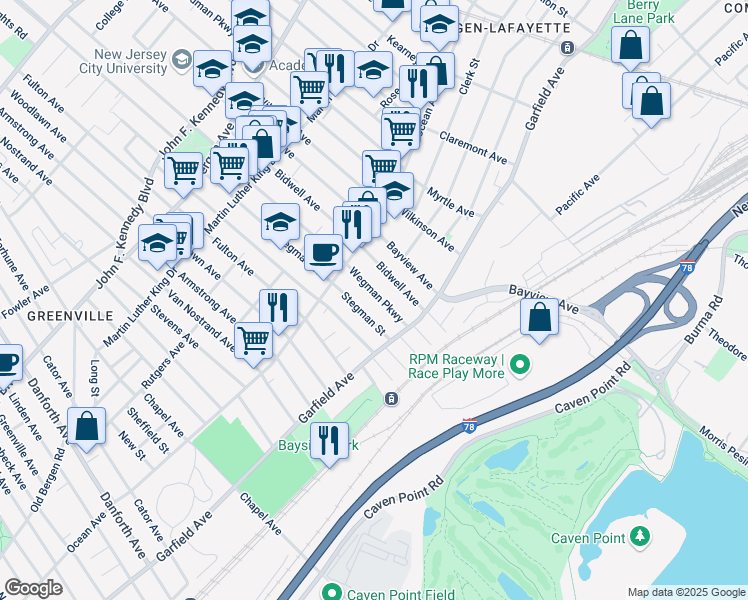 map of restaurants, bars, coffee shops, grocery stores, and more near 38 Wegman Parkway in Jersey City