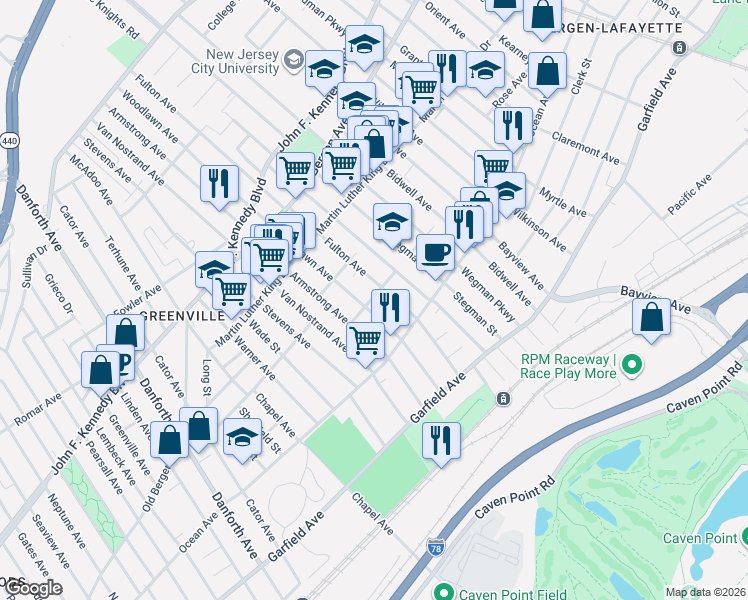 map of restaurants, bars, coffee shops, grocery stores, and more near 100 Fulton Avenue in Jersey City