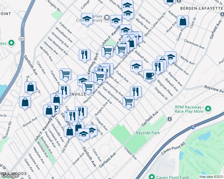 map of restaurants, bars, coffee shops, grocery stores, and more near 164 Rose Avenue in Jersey City