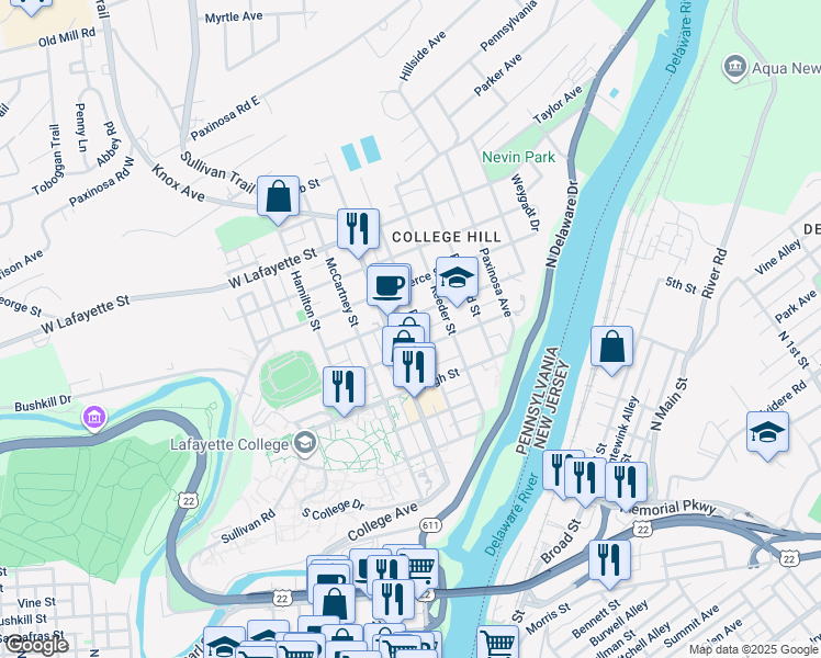 map of restaurants, bars, coffee shops, grocery stores, and more near 316 West Monroe Street in Easton