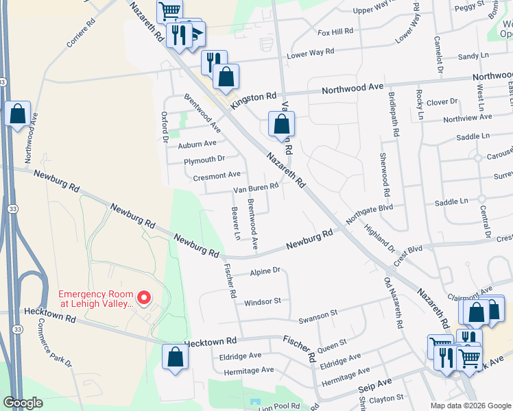 map of restaurants, bars, coffee shops, grocery stores, and more near 17 Brentwood Avenue in Easton