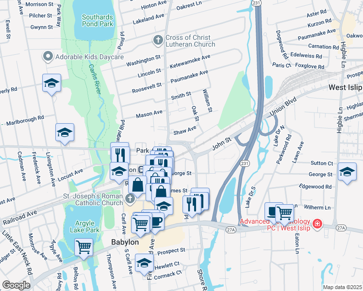 map of restaurants, bars, coffee shops, grocery stores, and more near 28 Simon Street in Babylon
