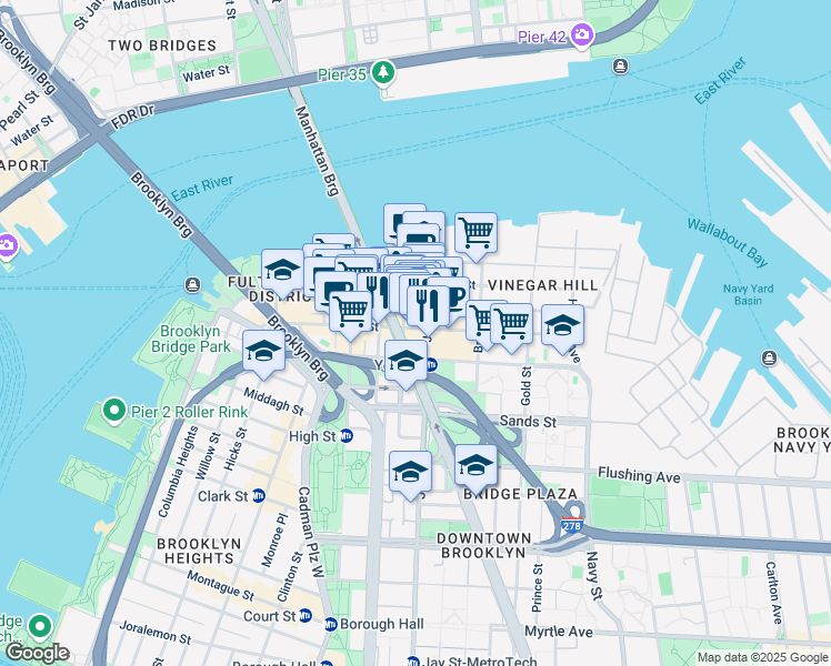 map of restaurants, bars, coffee shops, grocery stores, and more near 56 Jay Street in Brooklyn