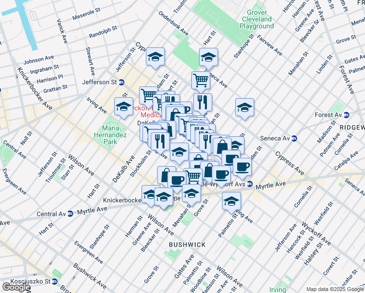 map of restaurants, bars, coffee shops, grocery stores, and more near 179 Wyckoff Avenue in Brooklyn