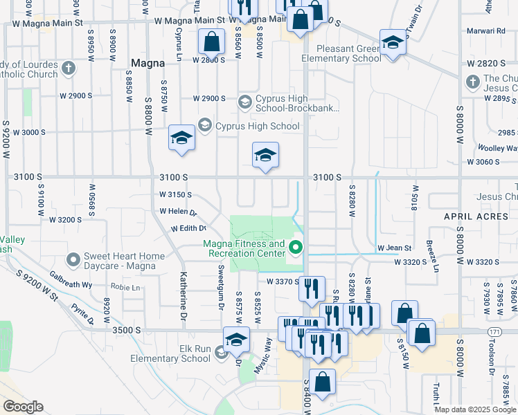 map of restaurants, bars, coffee shops, grocery stores, and more near 3161 South 8520 West in Magna