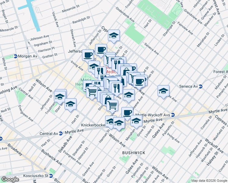 map of restaurants, bars, coffee shops, grocery stores, and more near in Brooklyn