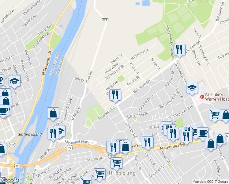 map of restaurants, bars, coffee shops, grocery stores, and more near 147 Aurora Street in Phillipsburg