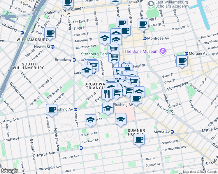 map of restaurants, bars, coffee shops, grocery stores, and more near 640 Broadway in Brooklyn
