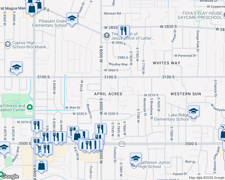 map of restaurants, bars, coffee shops, grocery stores, and more near 3177 South Elmer Street in Magna