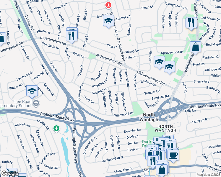 map of restaurants, bars, coffee shops, grocery stores, and more near 37 Weaving Lane in Wantagh