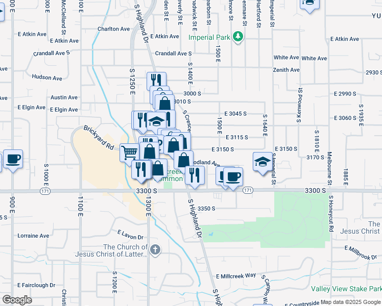 map of restaurants, bars, coffee shops, grocery stores, and more near 1424 East 3150 South in Salt Lake City