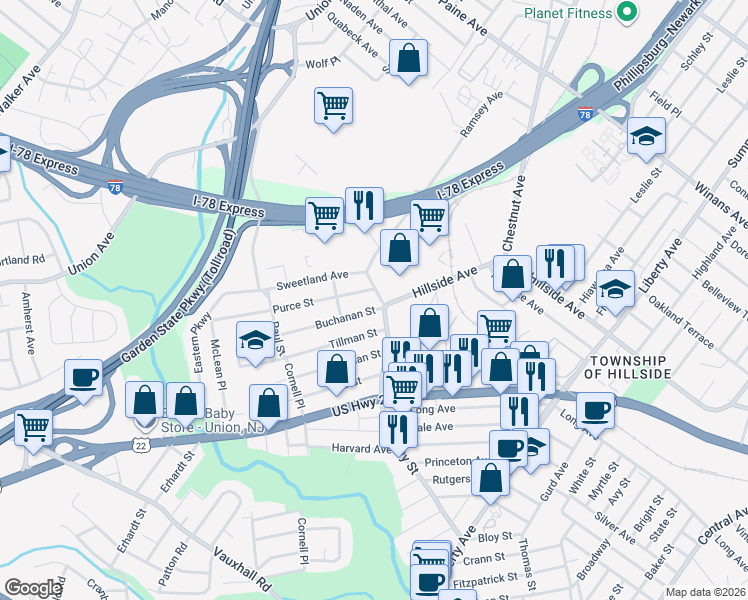 map of restaurants, bars, coffee shops, grocery stores, and more near 548 Bloy Street in Hillside