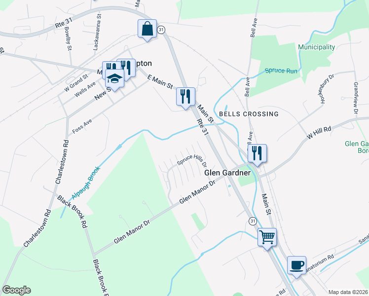 map of restaurants, bars, coffee shops, grocery stores, and more near 816 Spruce Hills Drive in Glen Gardner