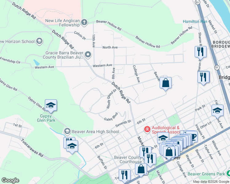 map of restaurants, bars, coffee shops, grocery stores, and more near 101 Windy Ghoul Drive in Beaver