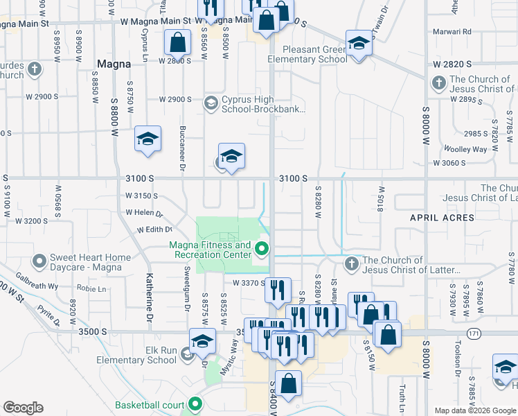 map of restaurants, bars, coffee shops, grocery stores, and more near 3177 South Dayton Street in Magna