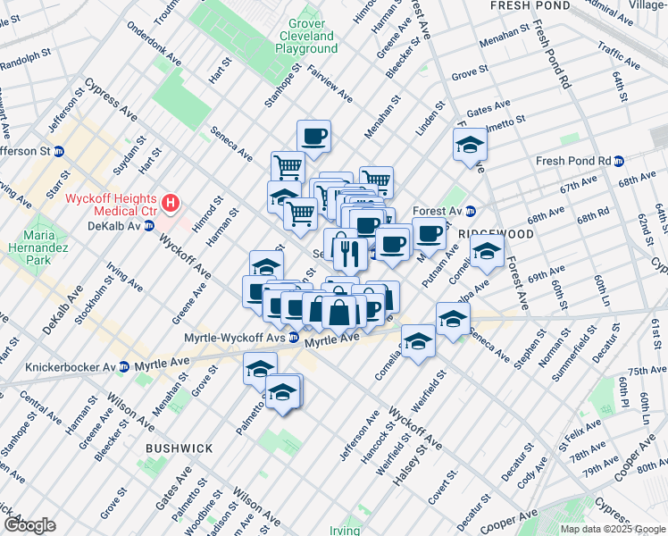 map of restaurants, bars, coffee shops, grocery stores, and more near 17-07 Gates Avenue in Queens