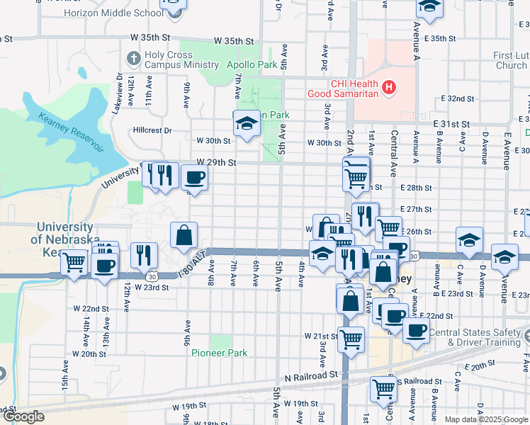 map of restaurants, bars, coffee shops, grocery stores, and more near 604 West 27th Street in Kearney