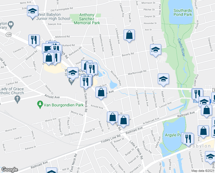 map of restaurants, bars, coffee shops, grocery stores, and more near 42 Haab Avenue in Babylon