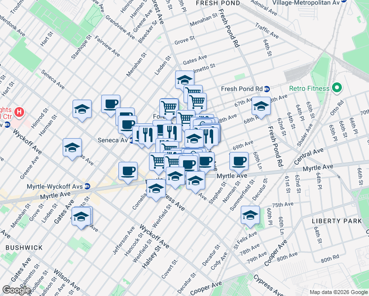 map of restaurants, bars, coffee shops, grocery stores, and more near 1868 Cornelia Street in Queens