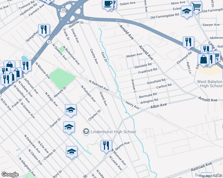 map of restaurants, bars, coffee shops, grocery stores, and more near 501 North Railroad Avenue in Lindenhurst