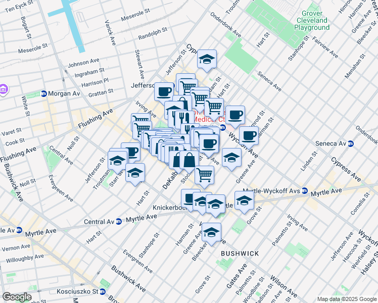map of restaurants, bars, coffee shops, grocery stores, and more near 1529 Dekalb Avenue in Brooklyn