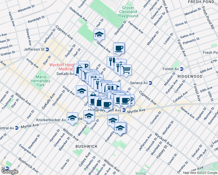 map of restaurants, bars, coffee shops, grocery stores, and more near 400 Bleecker Street in Brooklyn