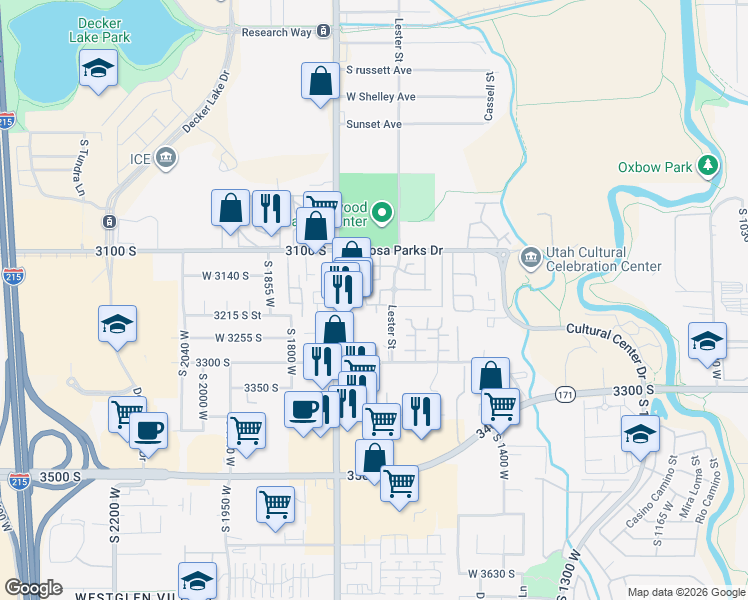 map of restaurants, bars, coffee shops, grocery stores, and more near 3185 Matisse Lane in West Valley City