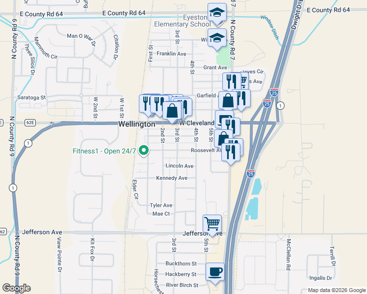 map of restaurants, bars, coffee shops, grocery stores, and more near 3812 Roosevelt Avenue in Wellington
