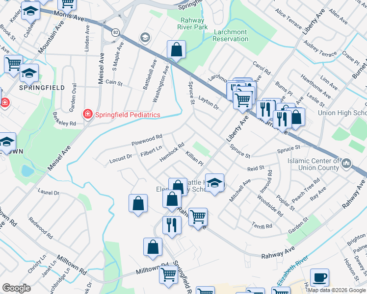 map of restaurants, bars, coffee shops, grocery stores, and more near 809 Hemlock Road in Union