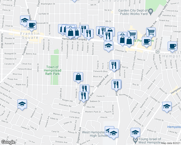 map of restaurants, bars, coffee shops, grocery stores, and more near 198 Semton Boulevard in Franklin Square