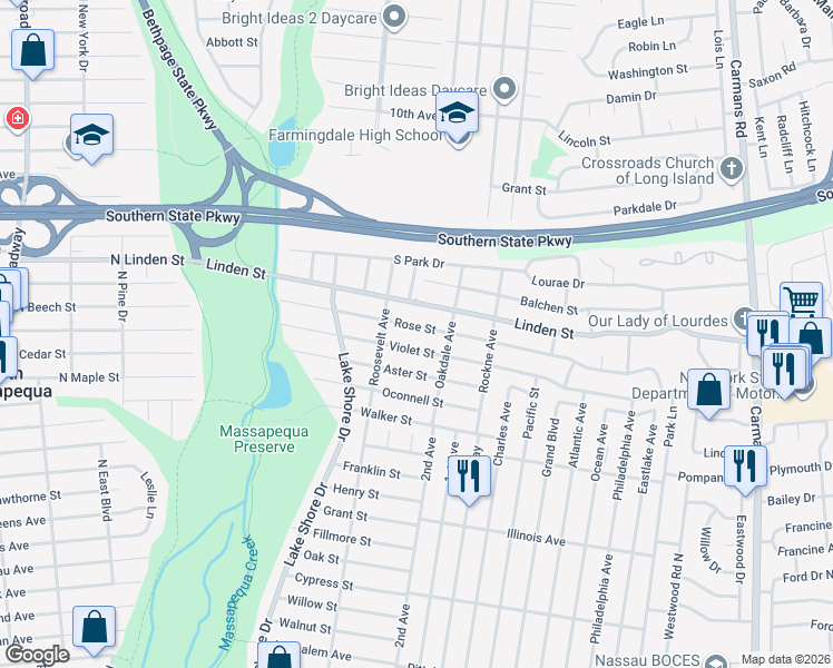 map of restaurants, bars, coffee shops, grocery stores, and more near 220 Rose Street in Massapequa Park