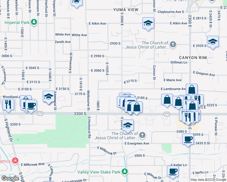 map of restaurants, bars, coffee shops, grocery stores, and more near 1968 East Lambourne Avenue in Salt Lake City