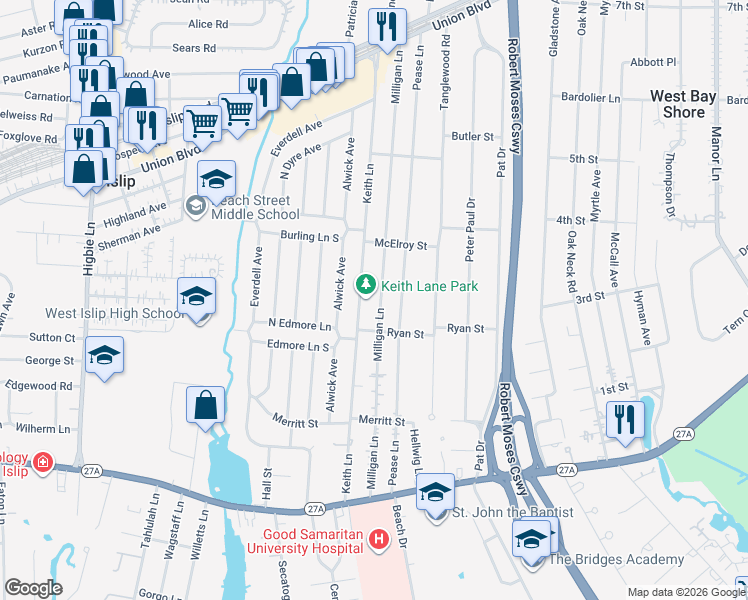 map of restaurants, bars, coffee shops, grocery stores, and more near 712 Milligan Lane in West Islip