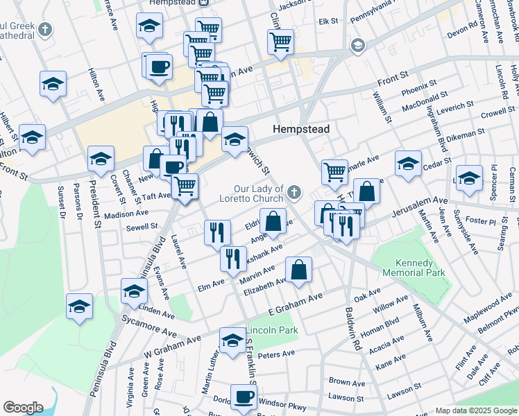 map of restaurants, bars, coffee shops, grocery stores, and more near 68 Harriman Avenue in Hempstead