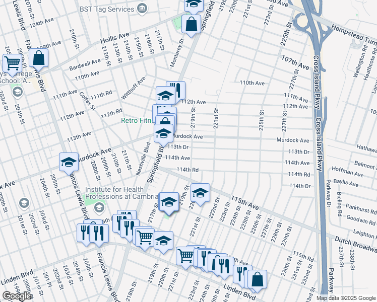 map of restaurants, bars, coffee shops, grocery stores, and more near 216-60 113th Drive in Queens