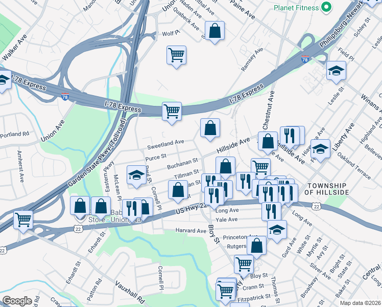 map of restaurants, bars, coffee shops, grocery stores, and more near 548 Bloy Street in Hillside