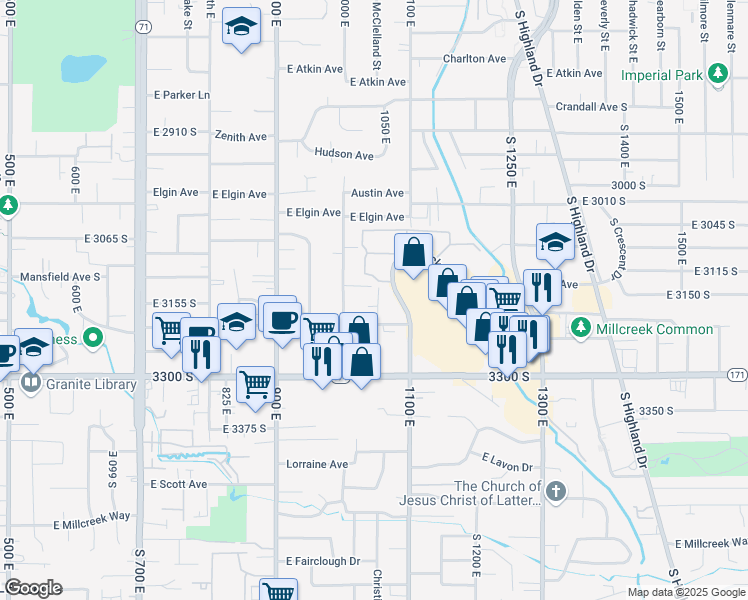 map of restaurants, bars, coffee shops, grocery stores, and more near 3158 McClelland Street East in Salt Lake City