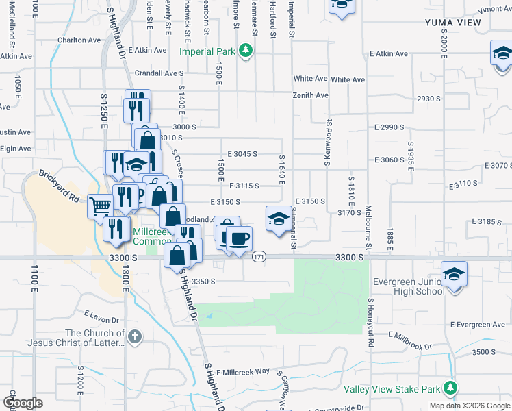 map of restaurants, bars, coffee shops, grocery stores, and more near 1566 East 3150 South in Salt Lake City